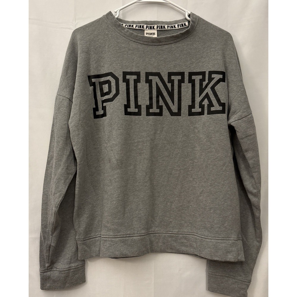 PINK Victoria's Secret Gray Black Women's M Striped Sleeve Logo Sweatshirt